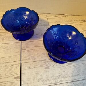 Set of 2 Cobalt Blue Glass Pedestal Bowls